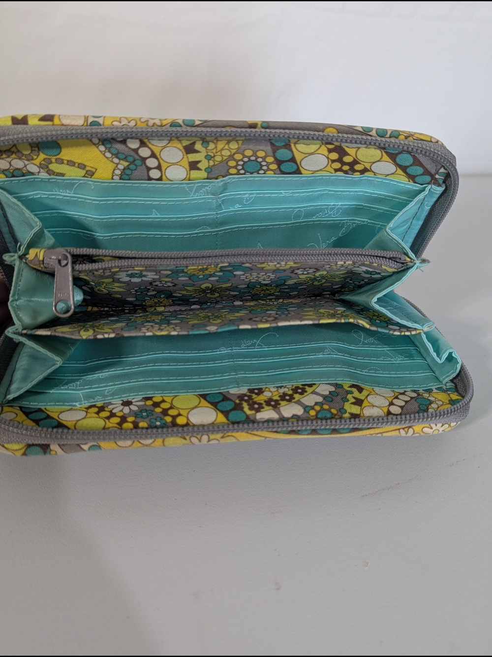 Vera Bradley Zip Around Wallet Paisley Floral Quilted Cotton Gray Yellow Blue - Picture 10 of 13